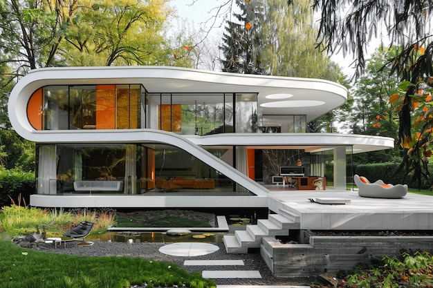 una casa con un techo blanco y una cubierta negra con una ventana grande