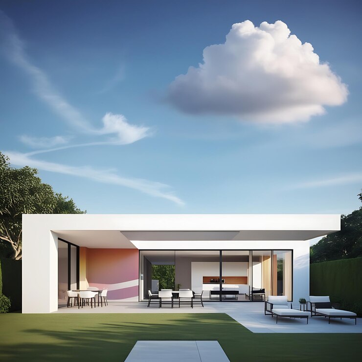 una casa con un techo blanco y un patio blanco con una pared pintada de blanco y rosa