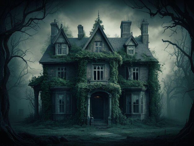 una casa con un techo cubierto de hiedra verde y una puerta que dice " embrujado "