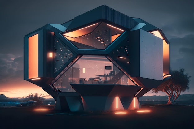 Una casa con techo negro y luces en la parte superior Casa neofuturista por David Rockwell Generado por IA