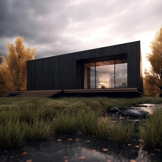 una casa con techo negro y una ventana abierta al cielo