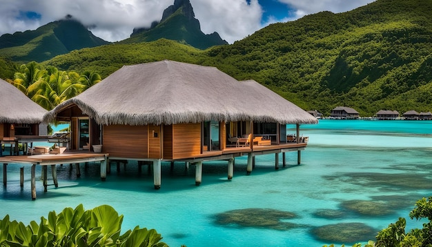 una casa con un techo de paja está en un lago