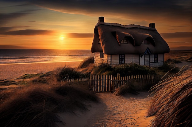 Casa con techo de paja con vista a la playa durante la puesta de sol