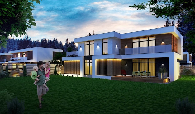 Casa con techo plano. Visualización 3D de una casa moderna. árbol en la fachada. Arquitectura de la casa moderna