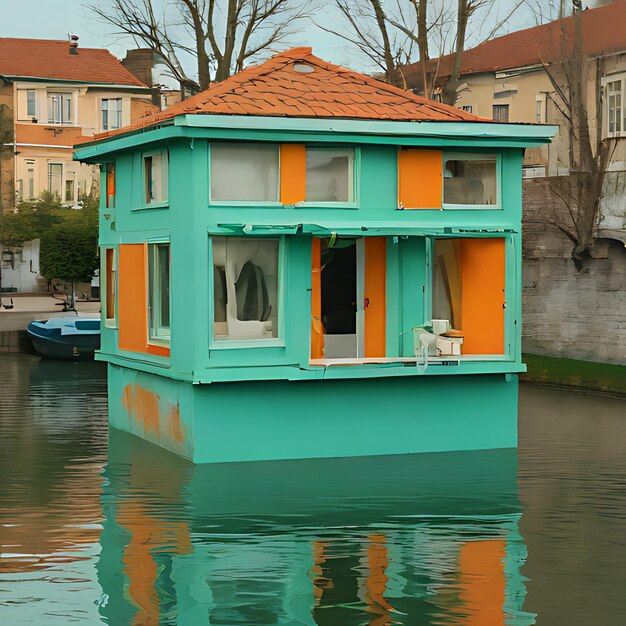 una casa con un techo rojo se refleja en el agua