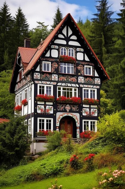 Foto una casa con un techo rojo está rodeada de árboles y arbustos