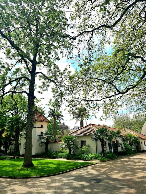 Una casa con techo rojo y techo blanco.