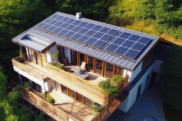 Casa con techo de teja bituminosa el concepto de energía renovable