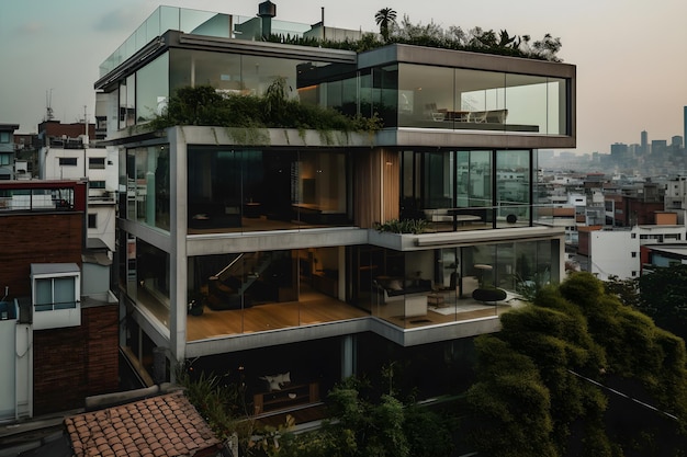 Una casa con techo verde y un balcón con vista a la ciudad de fondo.