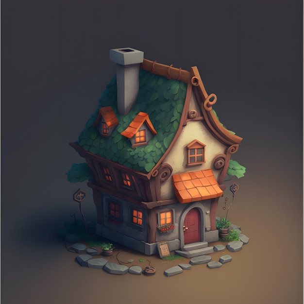 Una casa con techo verde y chimenea.