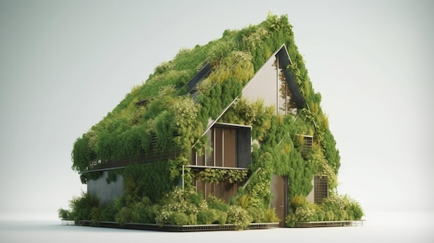 Una casa con un techo verde cubierto de plantas.