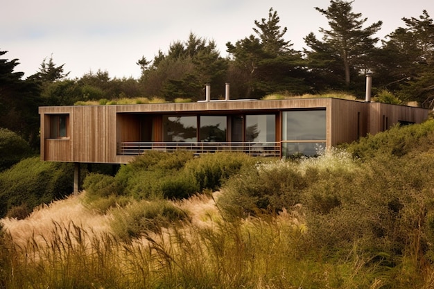 Una casa con techo verde se encuentra en medio de un campo.