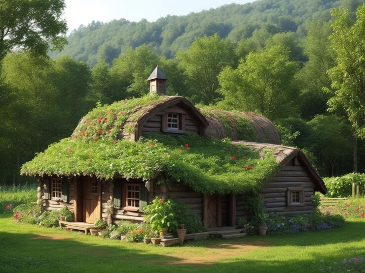 una casa con un techo verde que tiene una casa en el techo