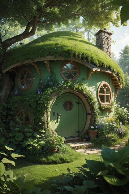 Una casa con un techo verde y un techo verde