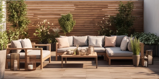 Casa de terraza con plantas pared de madera y mesa