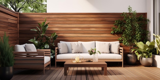 Casa de terraza con plantas pared de madera y mesa