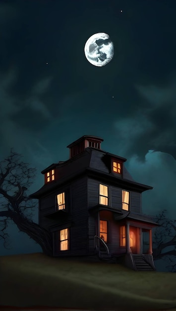 Una casa de terror en una colina con una luna al fondo.