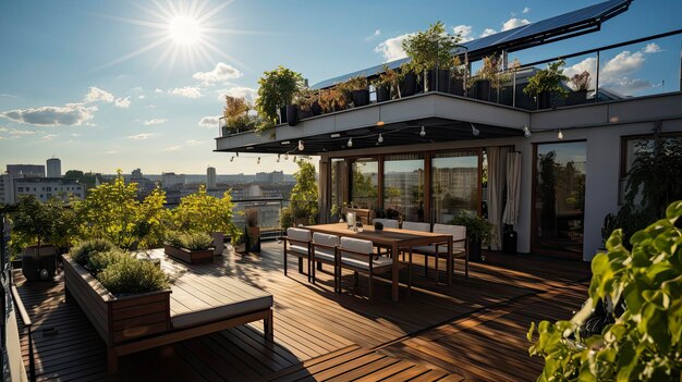 La casa tiene un deck con vista a la ciudad.