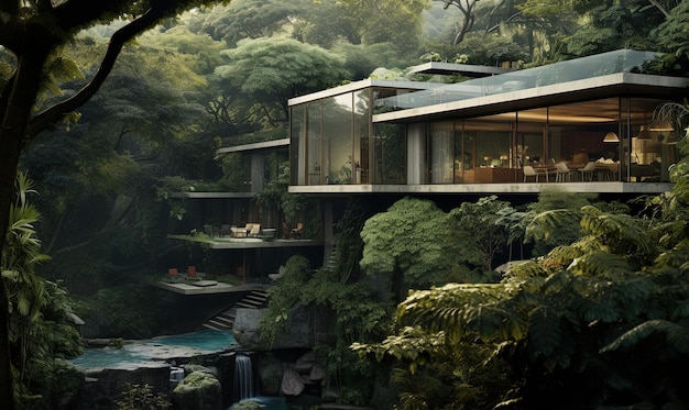 Foto la casa tiene vistas a un barranco lleno de follaje como la jungla.