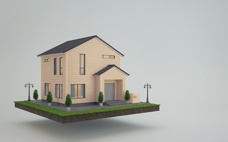 Casa en la tierra y césped en venta de bienes raíces o concepto de inversión inmobiliaria