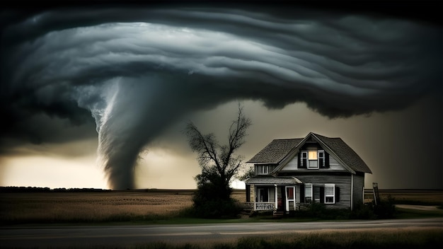 Una casa con un tornado en el frente.