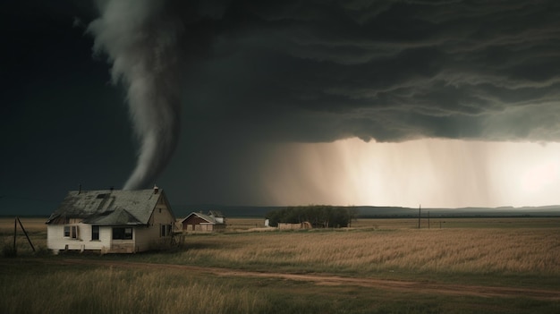 Una casa con un tornado llegando al cielo.