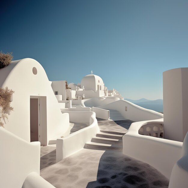 Casa tradicional de cor branca mediterrânea com detalhes azuis brilhantes