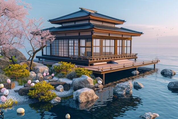 Una casa tradicional de estilo japonés en una plataforma flotante con un jardín zen