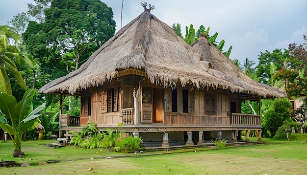 Casa tradicional de madera balinesa con techo de paja