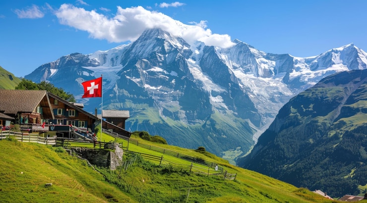 Foto casa tradicional suiza con bandera y montañas