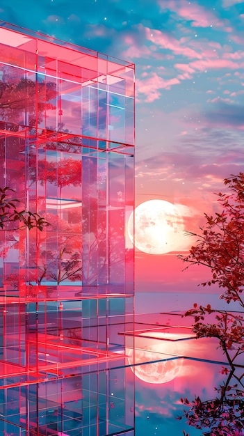 Casa transparente al atardecer con reflejos de colores