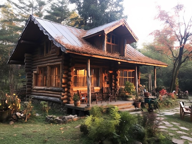 Una casa de troncos en el bosque con un porche y un porche con un porche y un árbol al fondo.