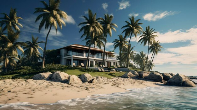 Casa tropical en la playa rodeada de palmeras con vista al océano y cielo azul claro