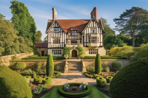 Casa Tudor com grande exterior com ampla escadaria e jardins bem cuidados