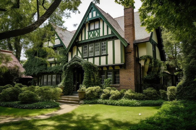 Casa Tudor com varanda envolvente cercada por uma vegetação luxuriante criada com ai generativa