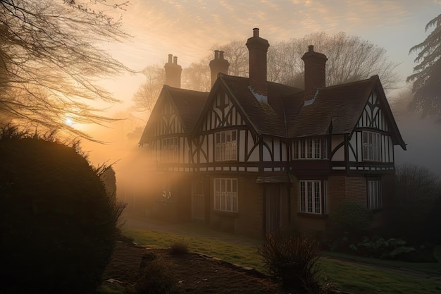 Casa Tudor com vista para a floresta circundante e o nascer do sol nublado da manhã criado com ai generativo