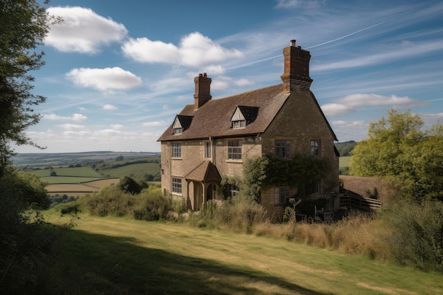 Casa Tudor com vista para colinas e céu azul contra um pano de fundo do campo inglês