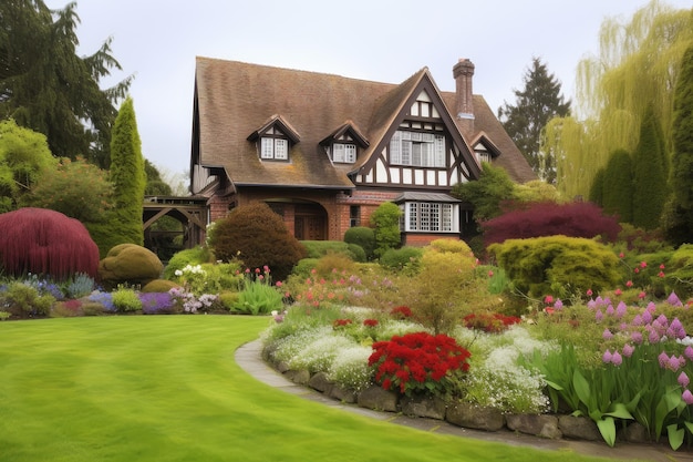 Casa Tudor rodeada de un hermoso jardín con flores florecientes y césped recién cuidado