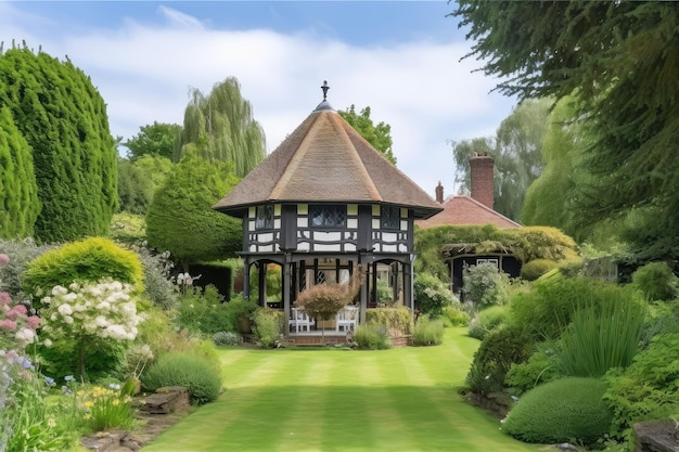 Casa Tudor con vista a jardines bien cuidados y glorieta en un entorno tranquilo