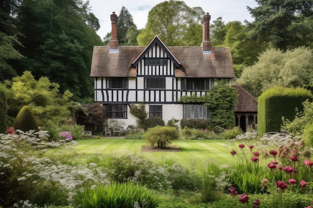 Casa Tudor con vistas al amplio césped rodeado de árboles y flores.