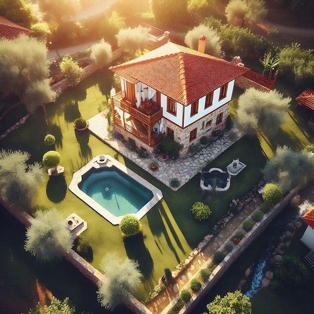 Casa turca moderna Paisagismo de jardim Vista aérea Imagens de drone