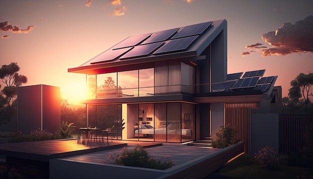 Casa unifamiliar com painéis solares no telhado ao pôr do sol ou nascer do sol Conceito de sustentabilidade Generative AI