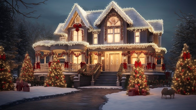 Una casa unifamiliar tradicional adornada con luces navideñas durante la temporada navideña