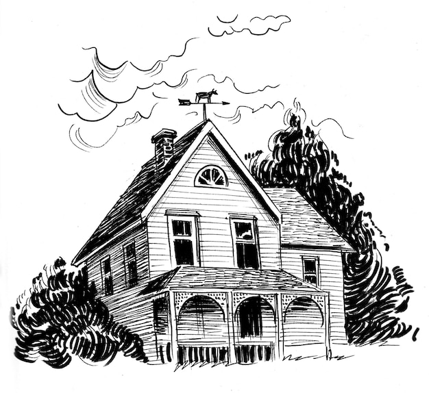 Casa velha. Desenho de tinta preto e branco