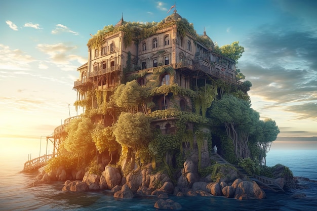 Casa velha no cenário da ilha do mar da casa surreal vintage na IA generativa do pôr do sol
