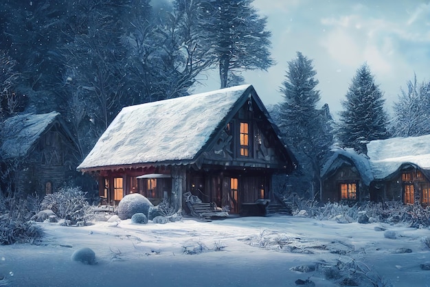 Casa velha Paisagem nevada de fantasia com um castelo Casa de inverno na floresta de inverno de montanha Parque nevado Arte conceitual