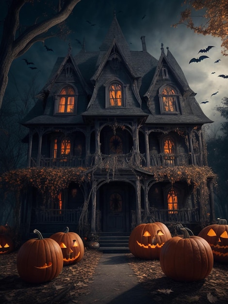 Casa velha realista Halloween com abóbora à noite