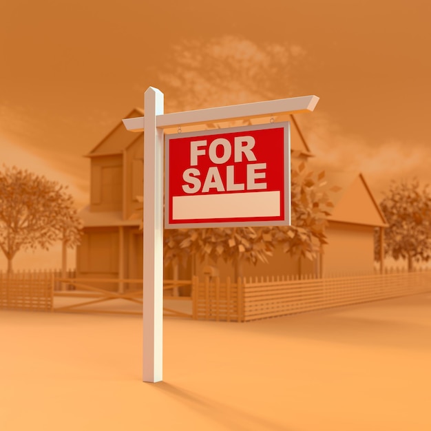 Casa en venta Real Estate Sign y Monochrome House Orange Background 3d Rendering