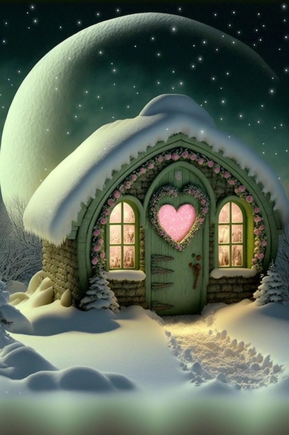 Casa con una ventana en forma de corazón en la nieve generativa ai