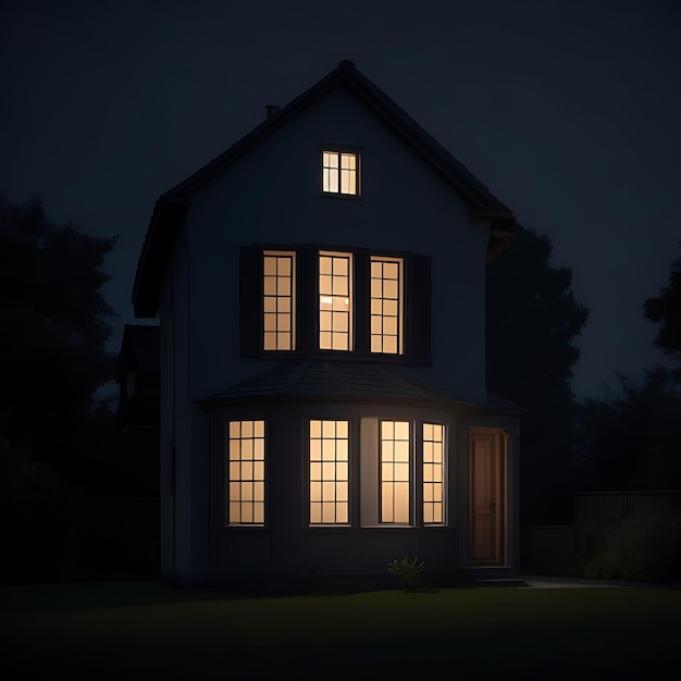 Foto una casa con una ventana iluminada frente a un fondo oscuro